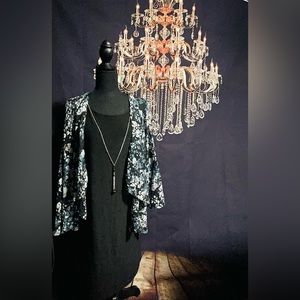 New dress, black with blue, cream sheer floral attached shaw and necklace